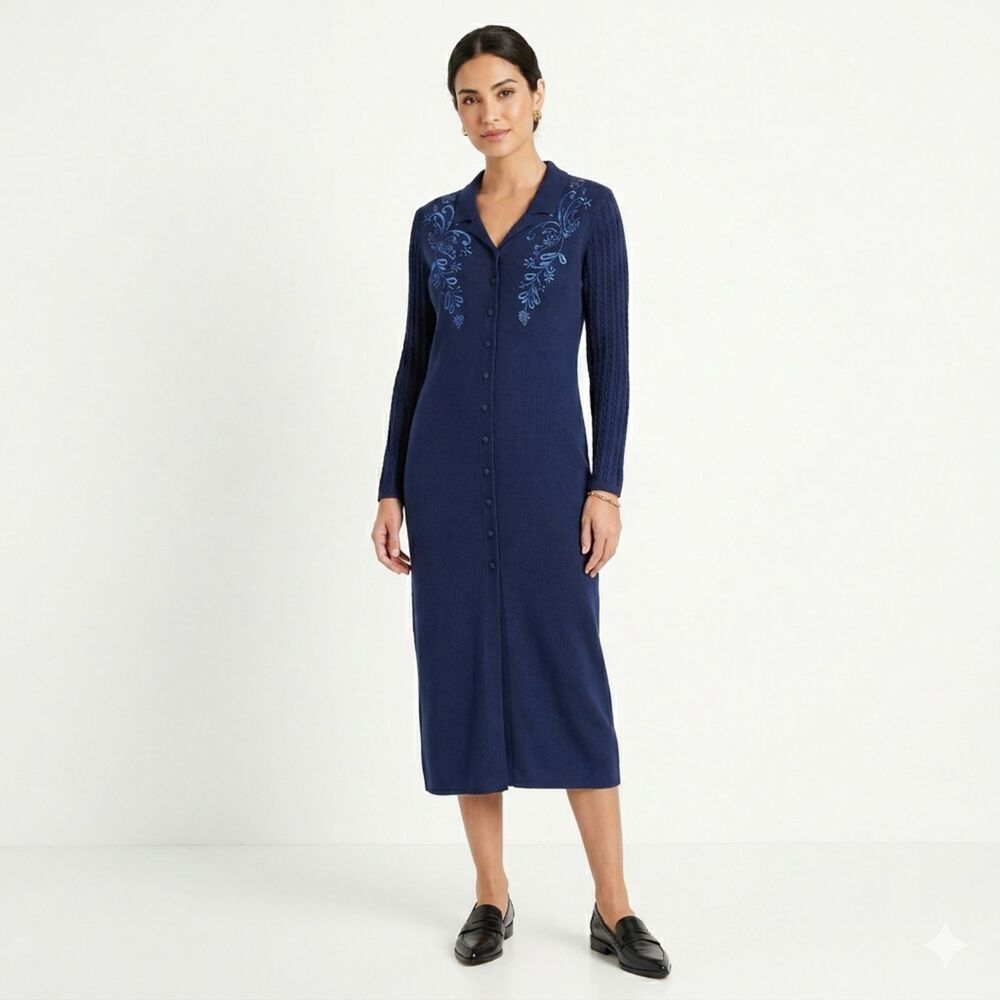 VTG Floral Embroidered Ribbed Long Sleeve Longline Knit Sweater Dress Blue L
